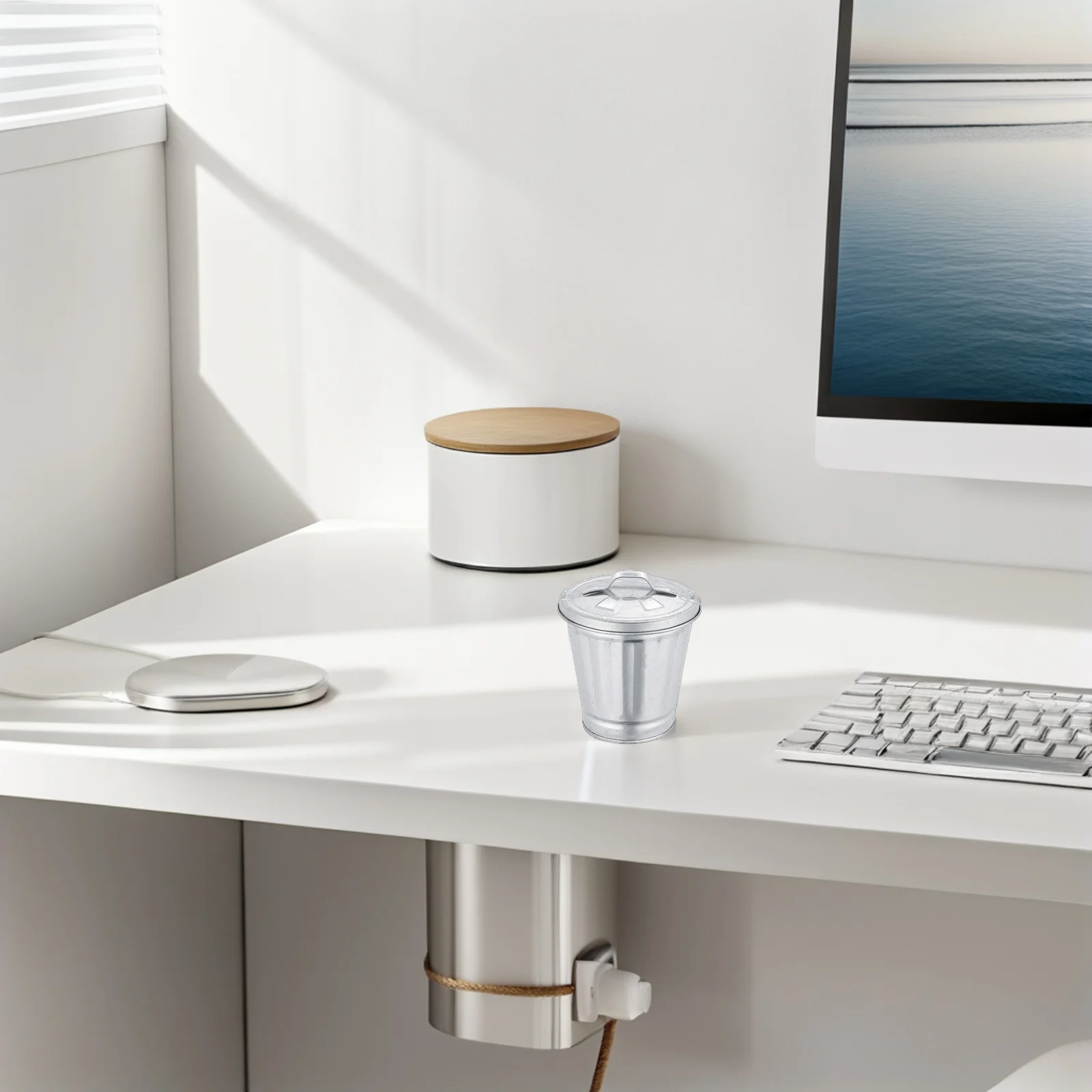 

3pcs Mini Trash Can Table Storage Jar Small Metal Waste Bin Flowerpot Silver Iron Lid Desk Organizer Home Office