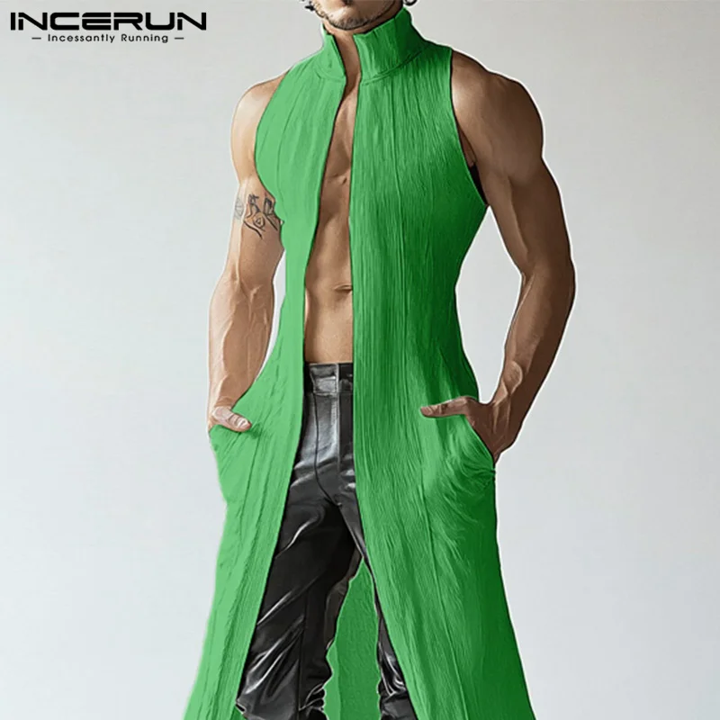 INCERUN Tops 2025 American Style Fashion Men Deconstruction Texture Long-style Cardigan Vests Casual Streetwear Solid Tank Tops