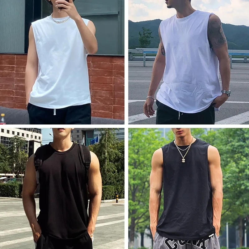 DUKEEN Sleeveless T-Shirt Men\'s Summer Cotton Tops Solid Color Fitness Clothes White Sports Undershirt Unisex