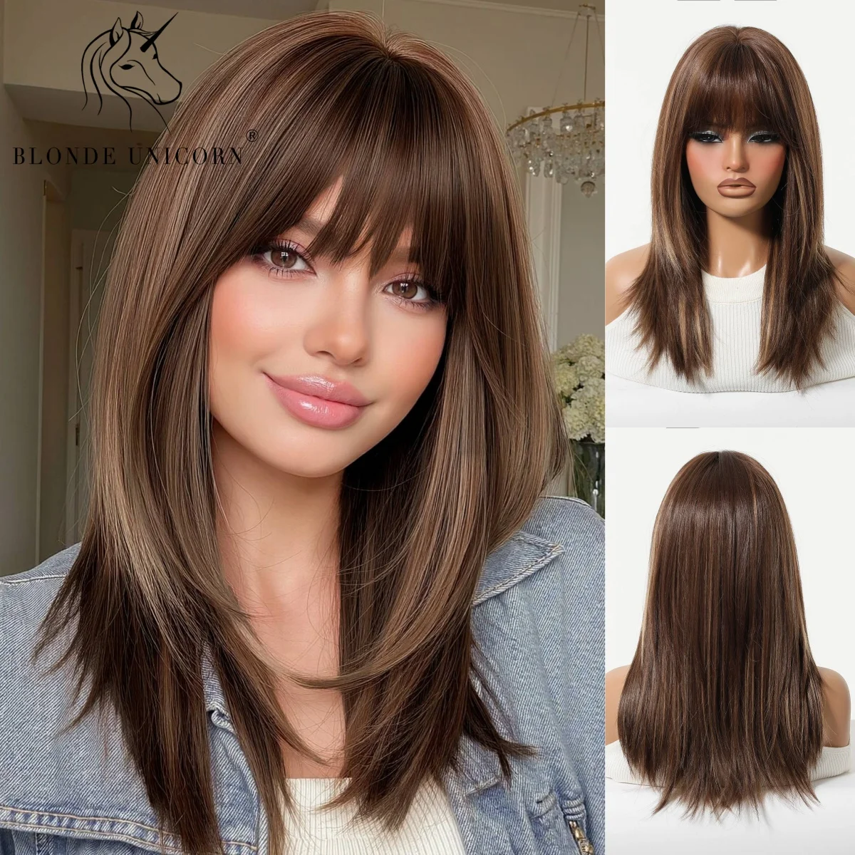 Chestnut Brown Straight Layered Synthetic Wig with Bangs Heat Resistant Natural Looking Soft Hair Cute for Women Daily Party