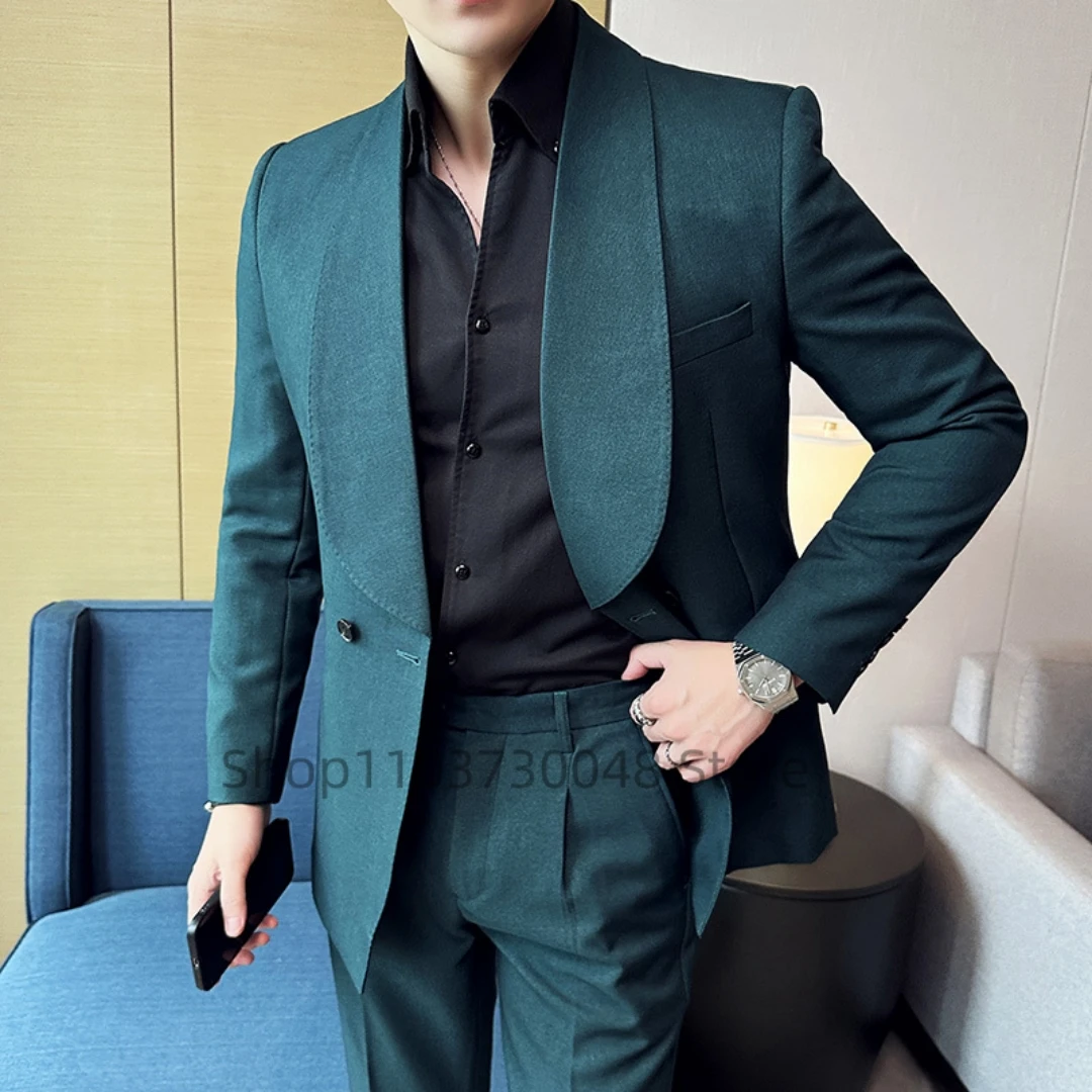 

Fashion Style Slim Fit Men Suits 2 Piece Groom Tuxedos Shawl Lapel Double Breasted Blazer Pants Sets Prom Business Costume Homme