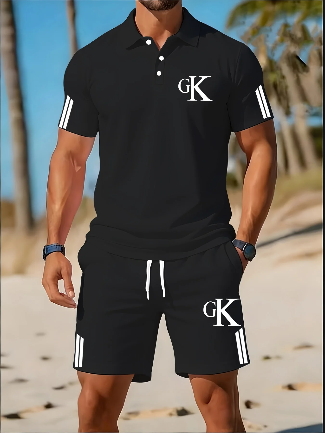 

Solid Color Black Side Striped Men's Two-piece Casual Outfit Letter Patterned Polo Top and Drawstring Shorts Outdoor