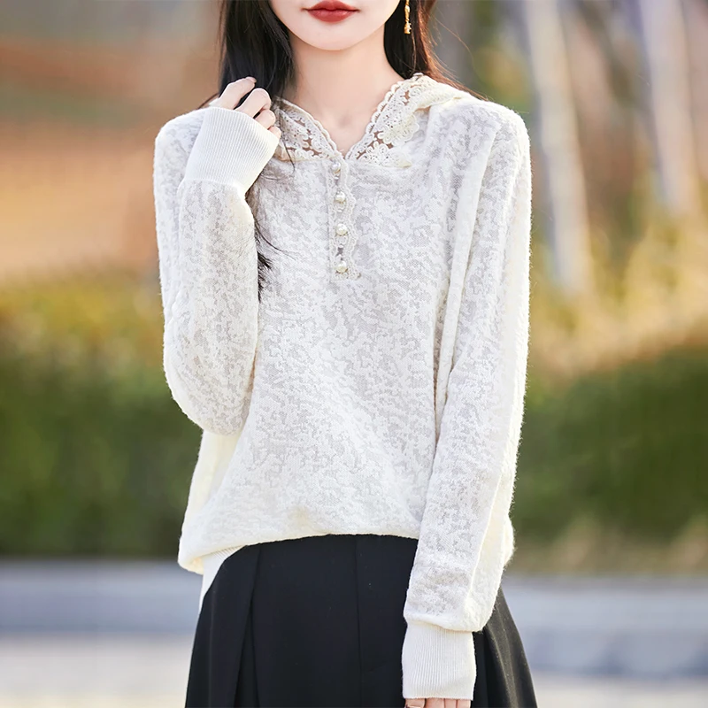 

Heavy Industry Jacquard Hoodie Women's Spring/Summer New Style Fine Imitation Wool Sweater Long Sleeve Thin Knitted Pullover Top