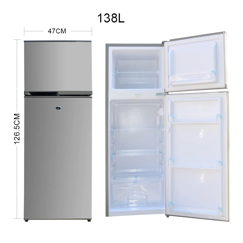 138L Portable Stainless Steel Electric Compressor Compact Double Door Refrigerator Auto-Defrost Energy Efficiency Grade 1 1 Year