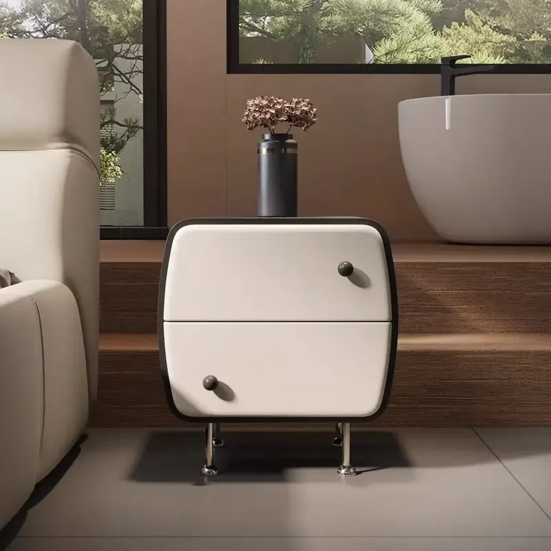 Rounded Edge Two Drawer Nightstand Short Polished Metal Leg Round Knob Compact Storage Bedside Cabinet For Bedroom