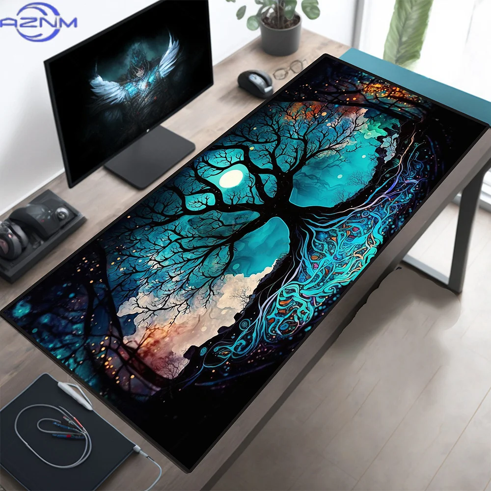 Mystical Glowing Tree of Life Large Mouse Pad, Teal Night Moon Fantasy Non‑Slip Extended Keyboard Desk Mat
