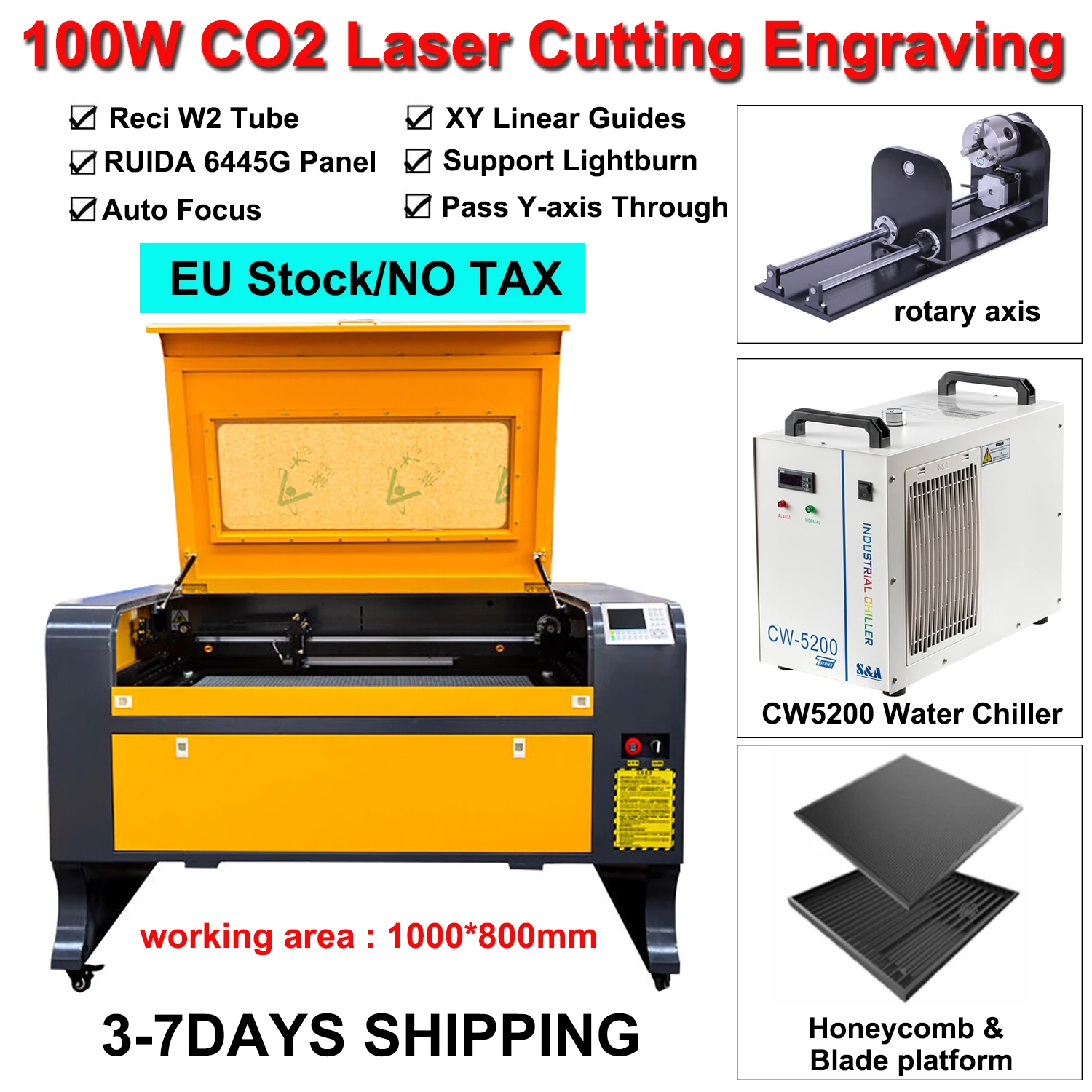 100W Laser Engraving Machine CO2 Laser Engraver 1080 Laser Cutting Machine CO2 Laser RECI W2 Tube Wood Fabrics Leather EU Stock