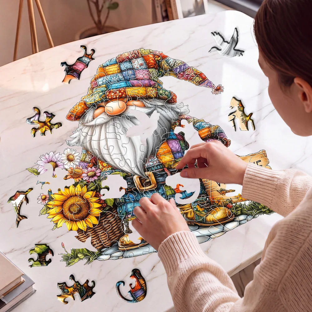 Patchwork Gnome Sunflower Wooden Jigsaw Puzzle, Unique Irregular Wood Puzzle For Adult Leisure Home Decor Gift