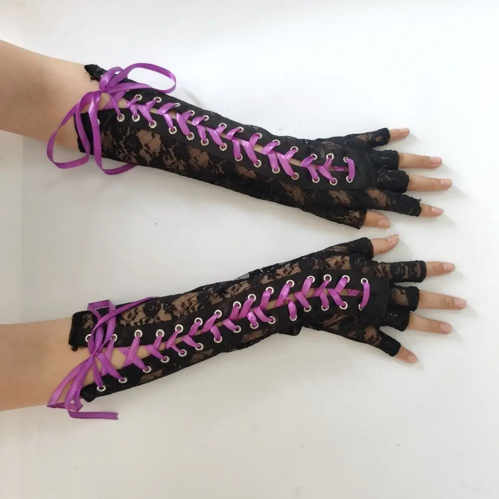

Slim Elastic Lace Strap Gloves Long Gloves JK Cloth Ribbon Half Finger Gloves Lolita Elbow Long Women Gloves Party