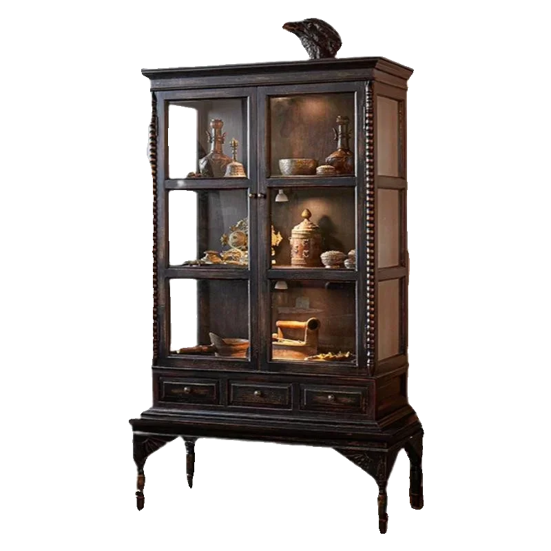 

Glass display cabinet French retro solid wood dining side cabinet villa living room high-end study bookcase9338
