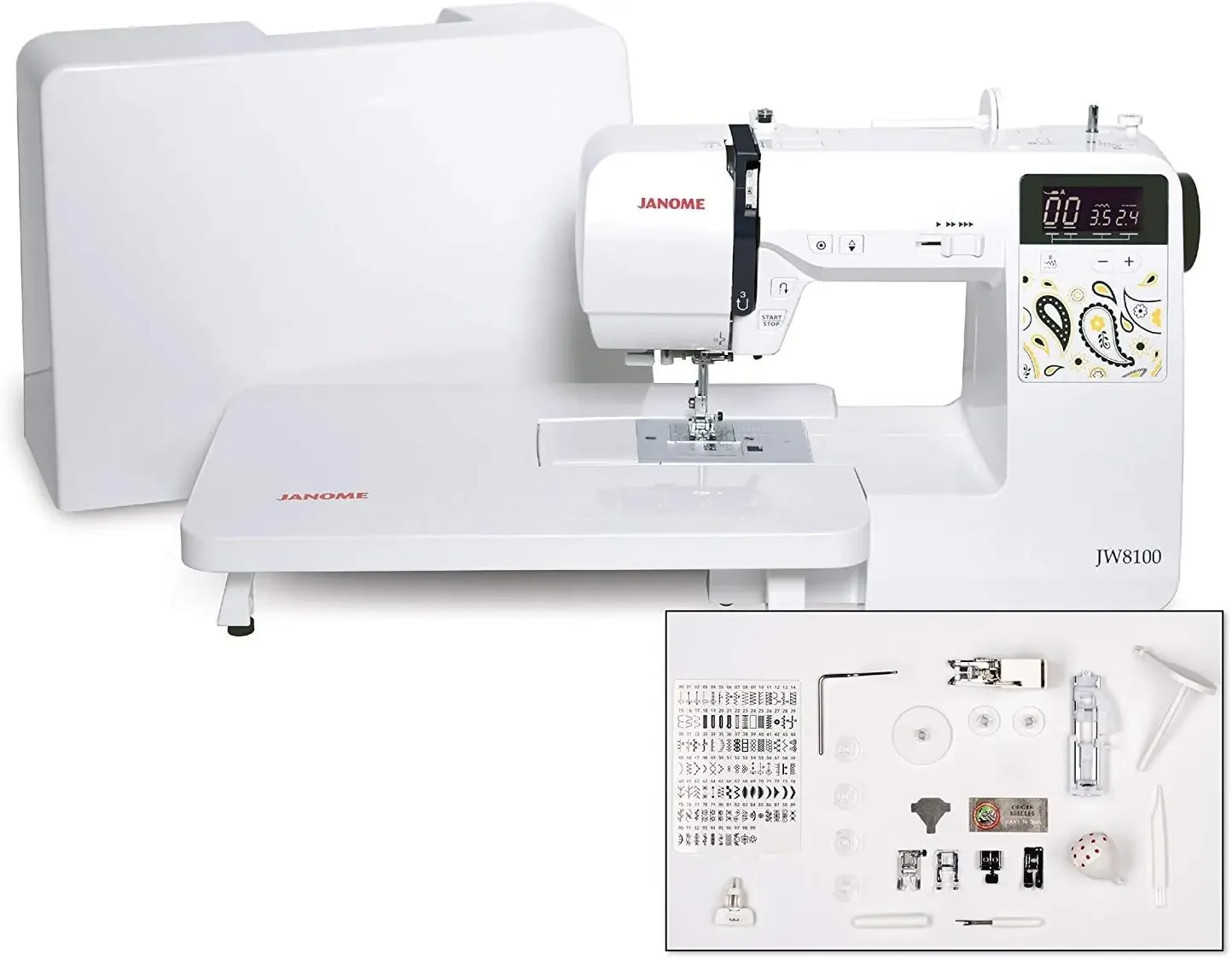 Janome JW8100 Fully-Featured Computerized Sewing Machine with 100 Stitches, 7 Buttonholes, Hard Cover, Extension Table and