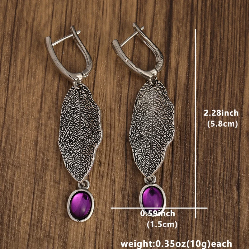 Wholesale Amethyst Drop Earrings for Women Vintage Ethnic Style Ear Jewelry 925 Silver Needle Earrings Gift