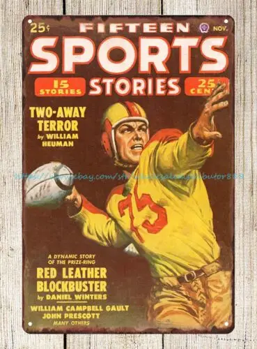 Fifteen Sports Stories magazine cover American football 1950 metal tin sign