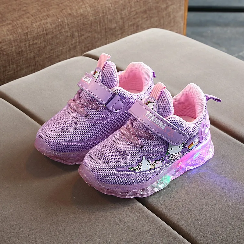 Hello Kitty-Zapatos con luces para bebé, zapatillas antideslizantes, informales, rosa, morado, Led, deportivas de ocio