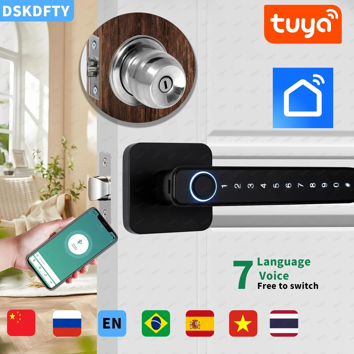 Tuya Fingerprint Door Lock, Maçaneta com Teclado, Keyless Entry, Handle para Casa, Hotel, Escritório, Apartamento, Quarto