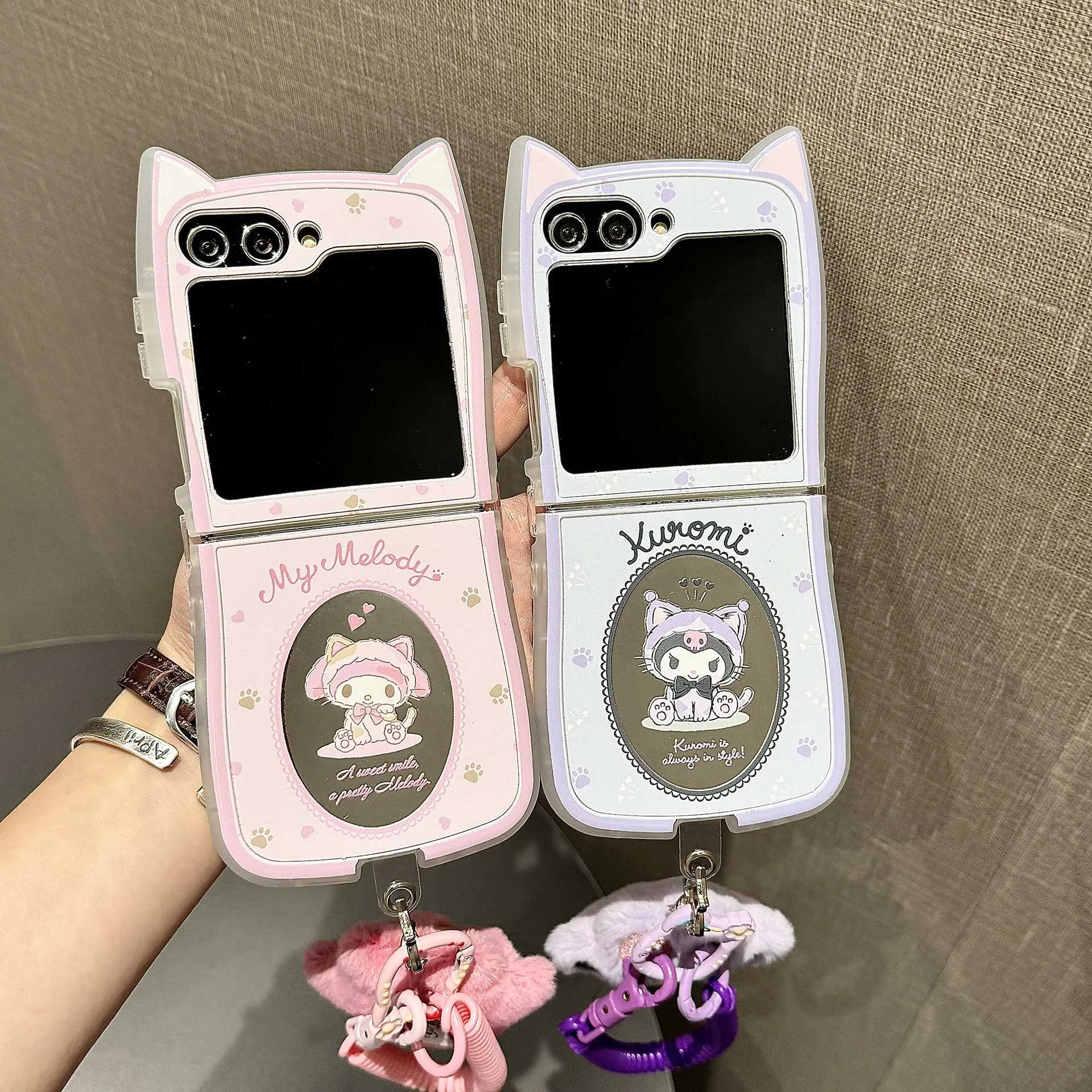 Sanrios My Melody Kuromi 3D Cat Ear with Lanyard Phone Case for Samsung Galaxy Z Flip 3 4 5 6 5G PC Hard Mirror Film Back Cover