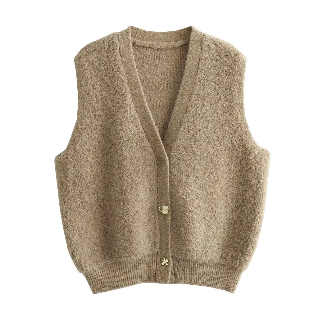

Korean Women's Short Knitted Cardigan Vest Solid Color V-Neck Leisure Towel Design Autumn Winter Wholesale