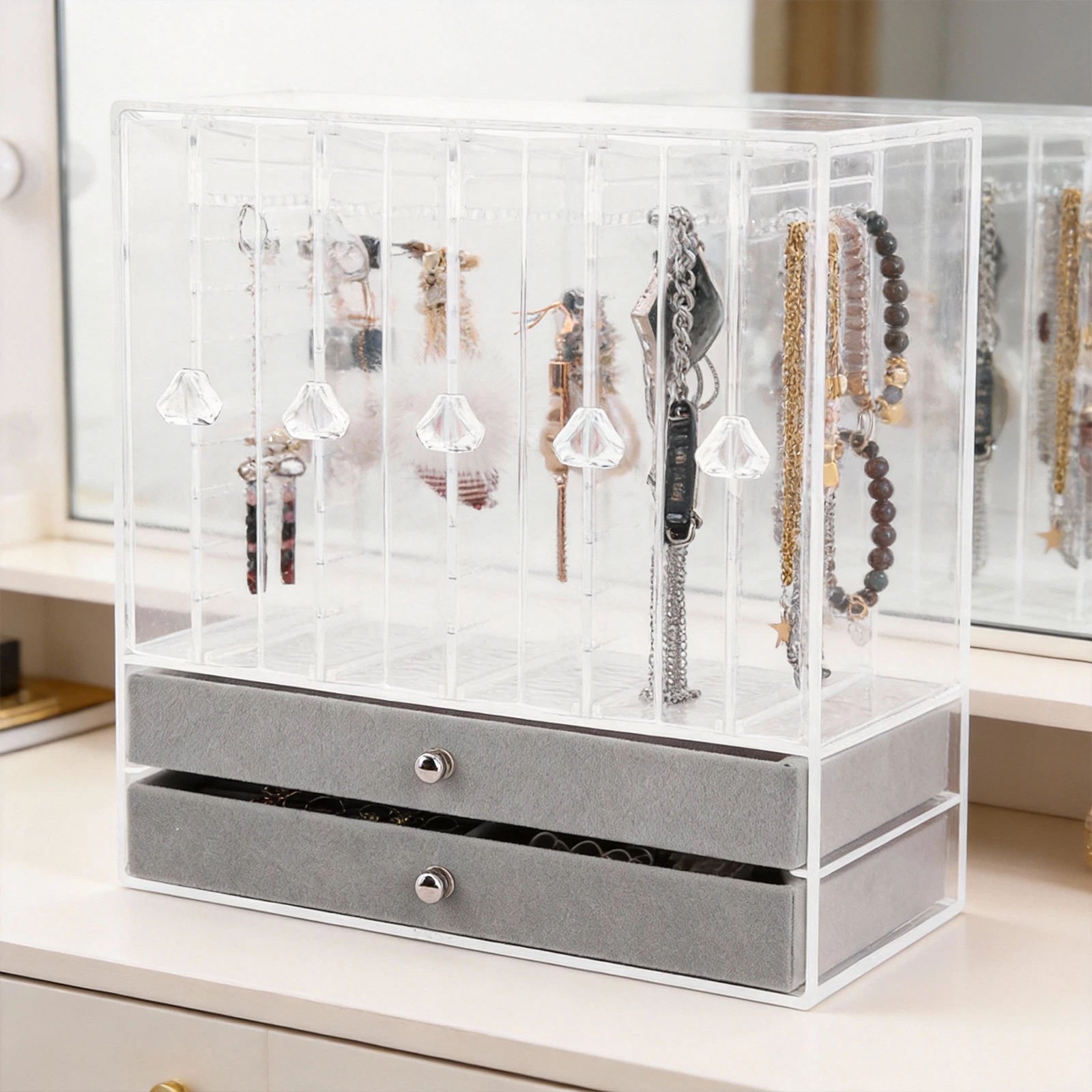 

Вертикальная подставка для серег с выдвижными ящиками, органайзер для украшений, держатель для браслетов, колец и длинных ожерелий