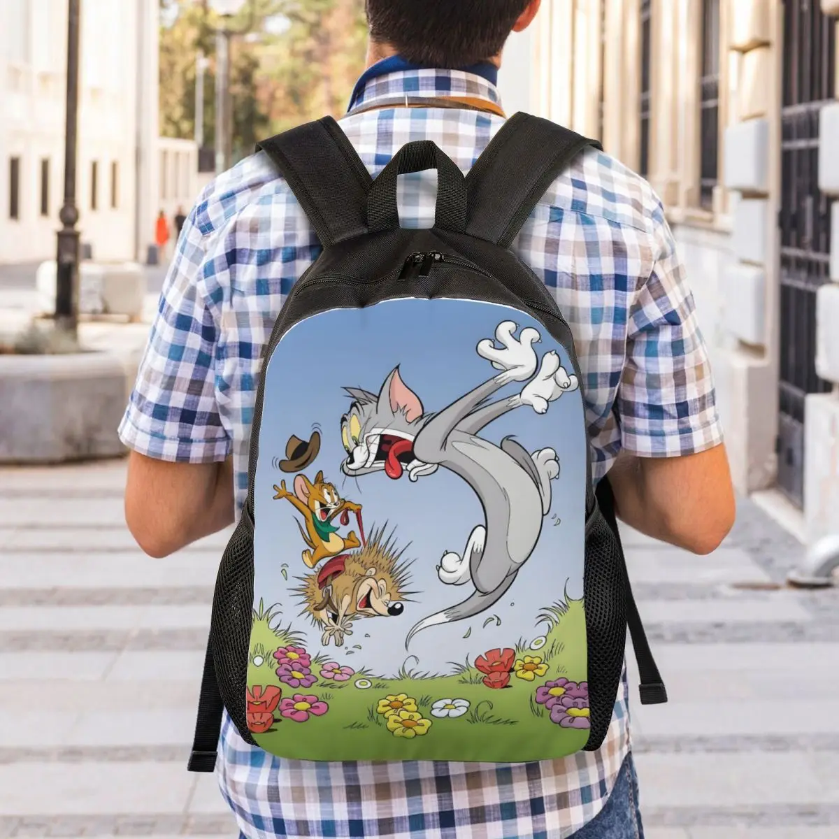 Custom Jocular Tom และ Jerry กระเป๋าเป้สะพายหลังสําหรับผู้ชายผู้หญิงกันน้ําโรงเรียนวิทยาลัยเม่นกระเป๋าพิมพ์ Bookbag