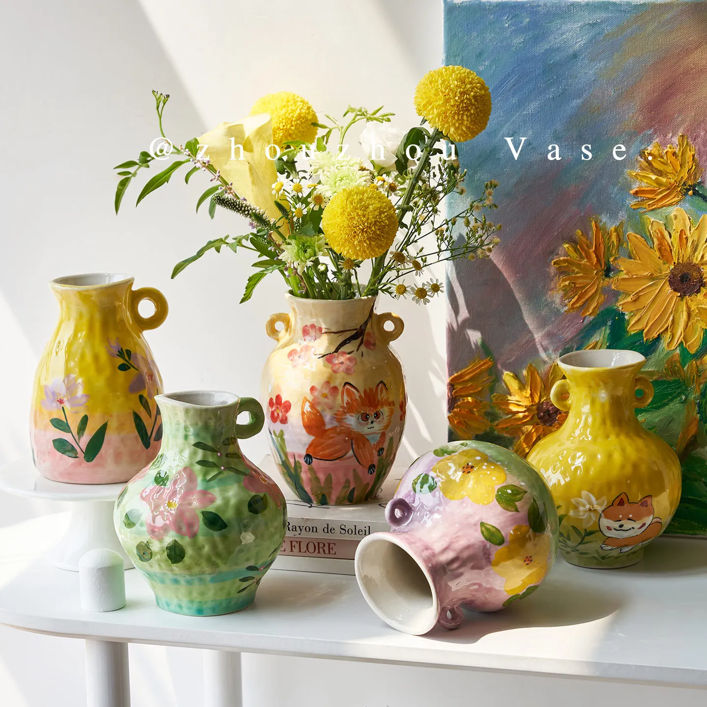 

YFY New Chinese-style retro light luxury oil painting style hand-painted ceramic vase high-end water-feeling vase living