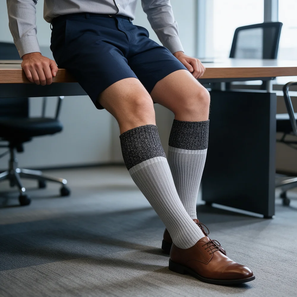 Men Knee High Dress Socks Two Tone Ribbed Combed Cotton Formal Business Long Socks Gray Over Calf Elegant Wedding