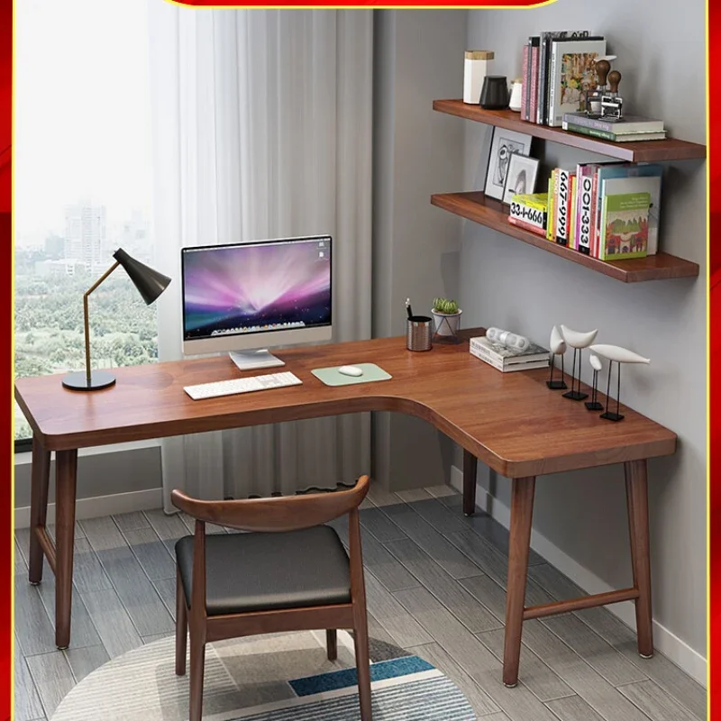 

All solid wood corner desk bookshelf integrated table home student writing desk L-shaped corner computer table simple and modern