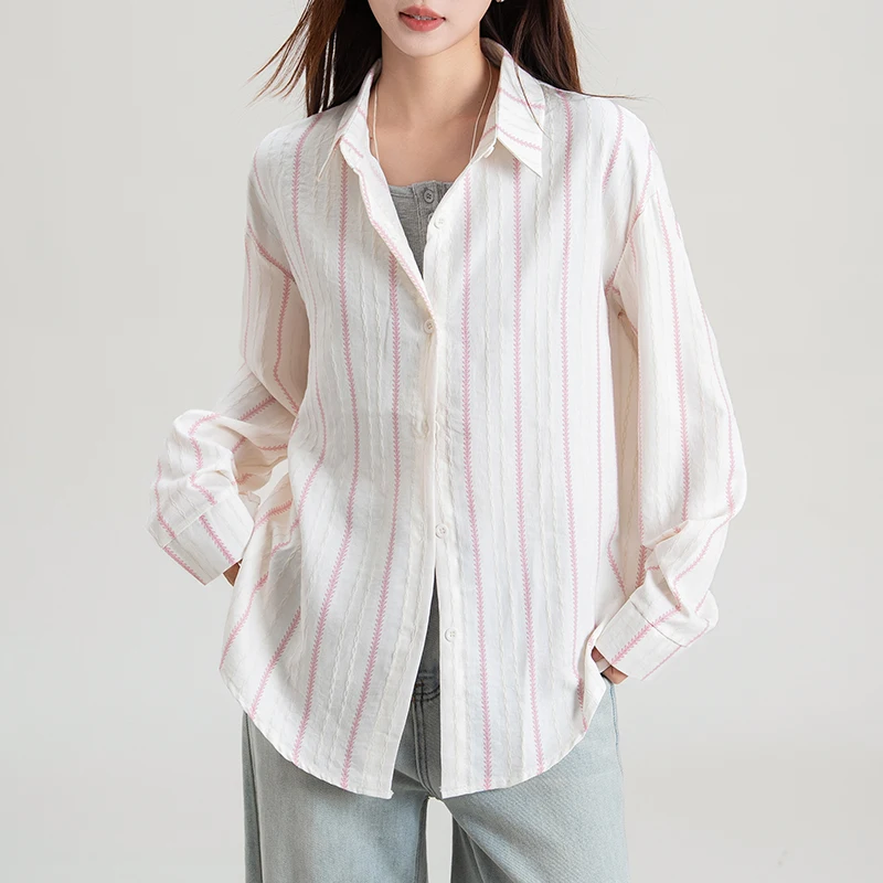 

Элегантная блузка, женская полосатая рубашка с длинным рукавом, весна-лето, модные женские свободные топы с отложным воротником, однобортные блузки