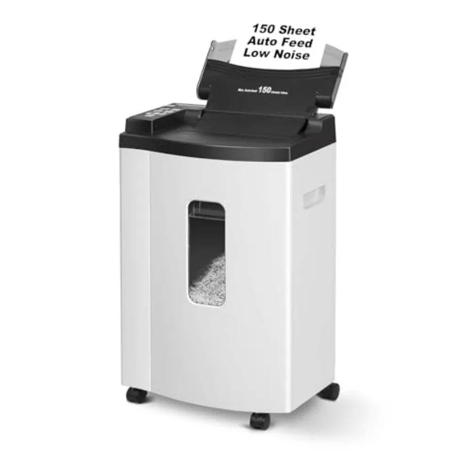 

Шредер для бумаги с автоматической подачей на 150 листов, микрорезка P-5, сверхвысокая степень защиты, 5/64 x 19/32 дюйма, большой контейнер на 6 галлонов, 20 минут непрерывной работы