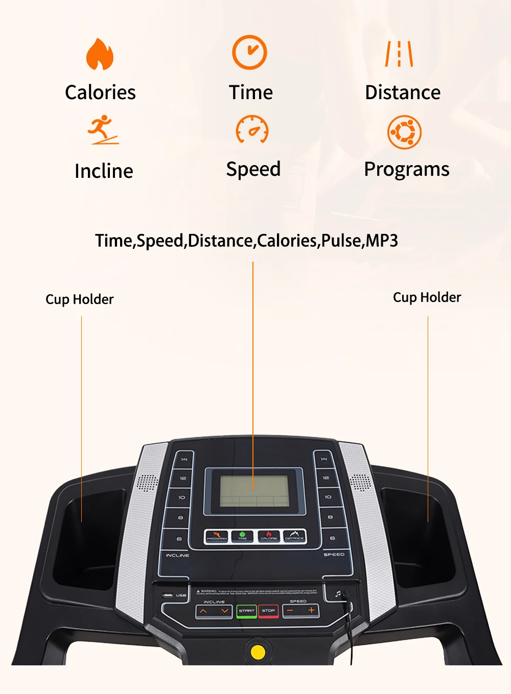 P1-P12, Three Meter Mode Treadmill Commercial 1-18 KM/H Speed Home Treadmill with 130 Kgs Max User Weight