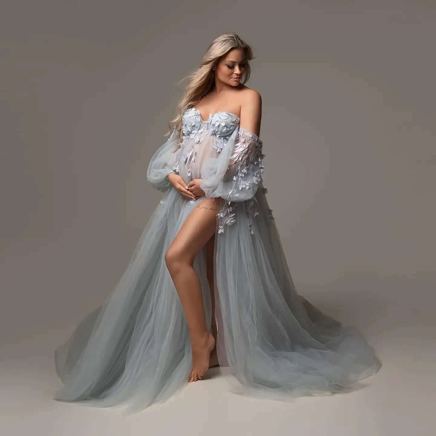HOBBY Elegant Lace Tulle Maternity Dresses Extra Puffy Photo Shoot Appliques 3D Flower Pregnancy Dress Bridal Gowns Side Slit