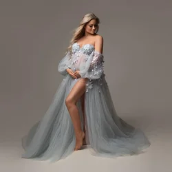 HOBBY Elegant Lace Tulle Maternity Dresses Extra Puffy Photo Shoot Appliques 3D Flower Pregnancy Dress Bridal Gowns Side Slit