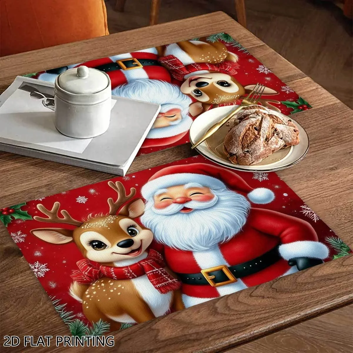 Christmas Placemat Set Santa Claus And Reindeer Holiday Design Country Retro Washable Placemat,Suitable for Dining Table