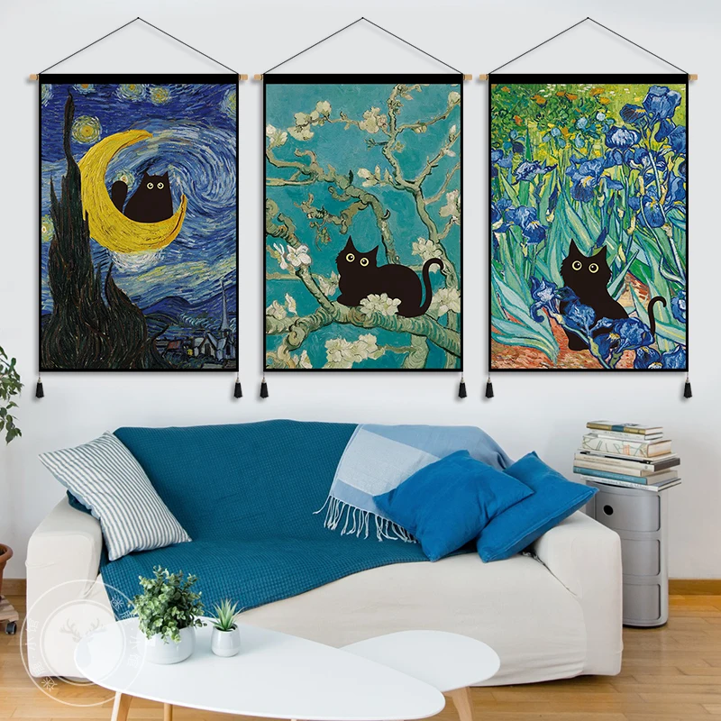Funny Black Cat in Famous Paintings Tapestry Wall Hanging - Room Decor Aesthetic with Rod for Living Room Bedroom Wall Decor - Image 4