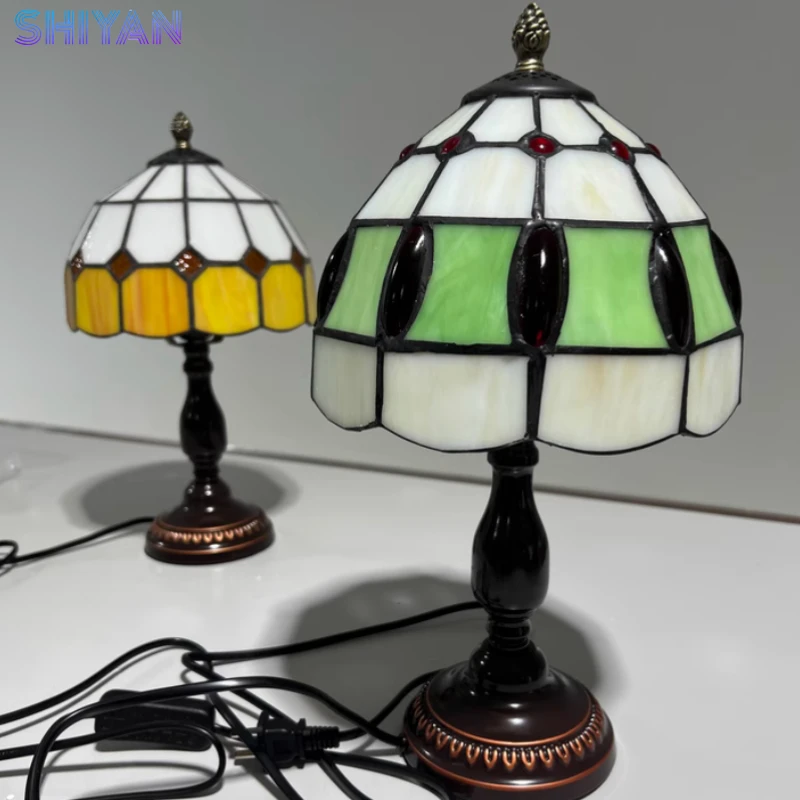 French Table Lamp 8 Inches Stained Glass Bedside Lamp Red Rose Desk Reading Light Bedroom Living Room Home Office