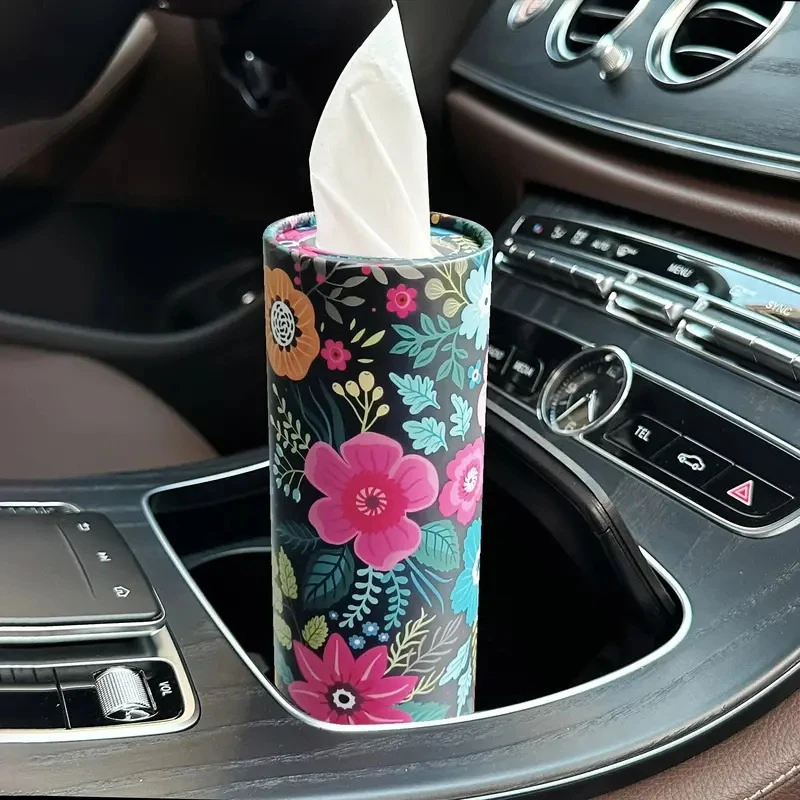 Floral Pattern Car Tissue Holder With Tissue Travel Cylinder Tissue Box For Car Cup Holder Suitable For Home Tables