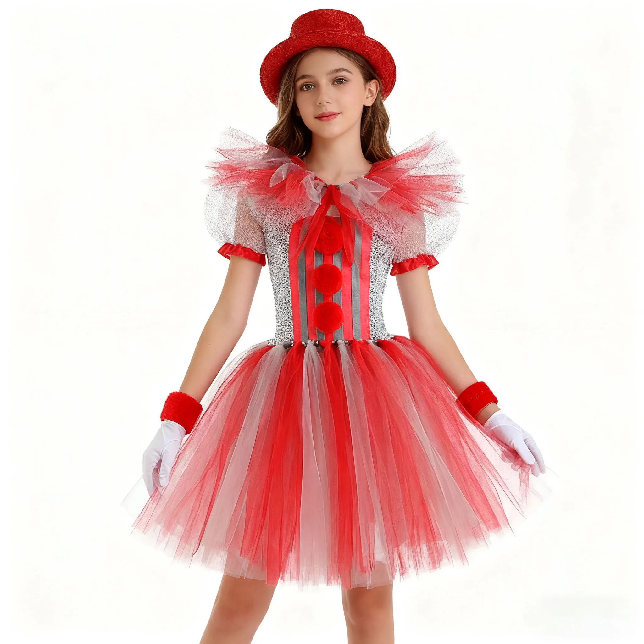 

Girls Red Gray Killer Clown Dress Kids Puffy Mesh Party Dress For Girls Halloween Scary Costume Carnival Outfit Horror Clothes