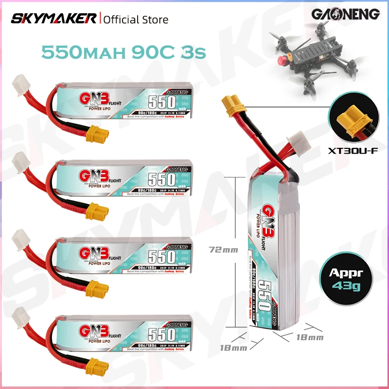 GNB 3S 11.1V 550mah HV 90C/180C LiPo Battery With XT30U-F Plug for TINY8X Blade Inductrix FPV QX2 120S Beta75S RC Racing Drone