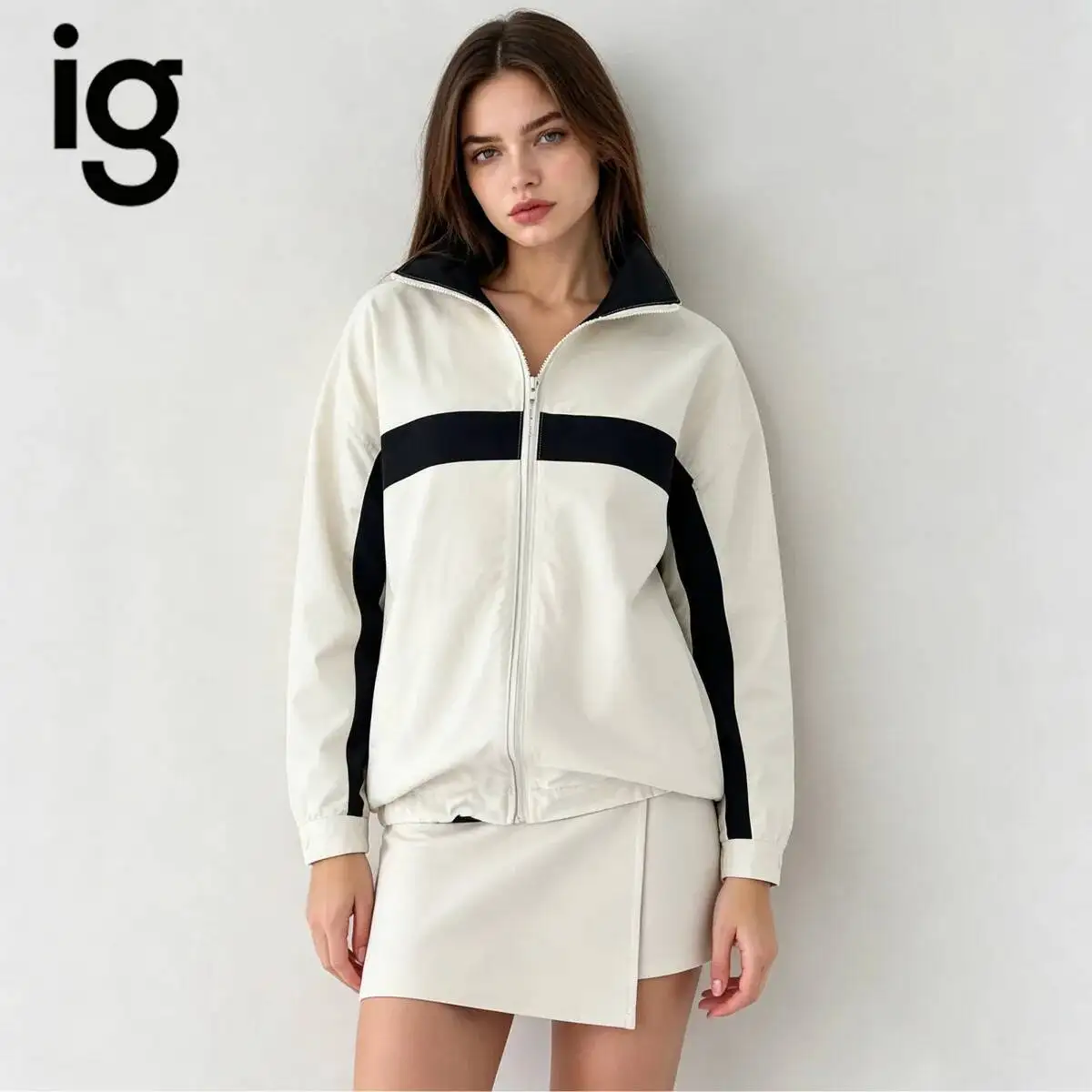IG Women Color Block Stripe Windbreaker Jacket Stand Collar Full Zip Up Short Cropped Coat Black Contrast Stripes Lightweight