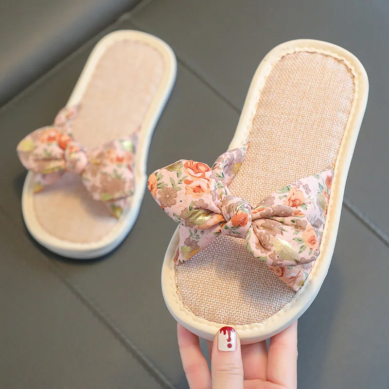 Children's linen slippers Spring and autumn girls Day series sweet pastoral small fragrance fabric home for children slipper