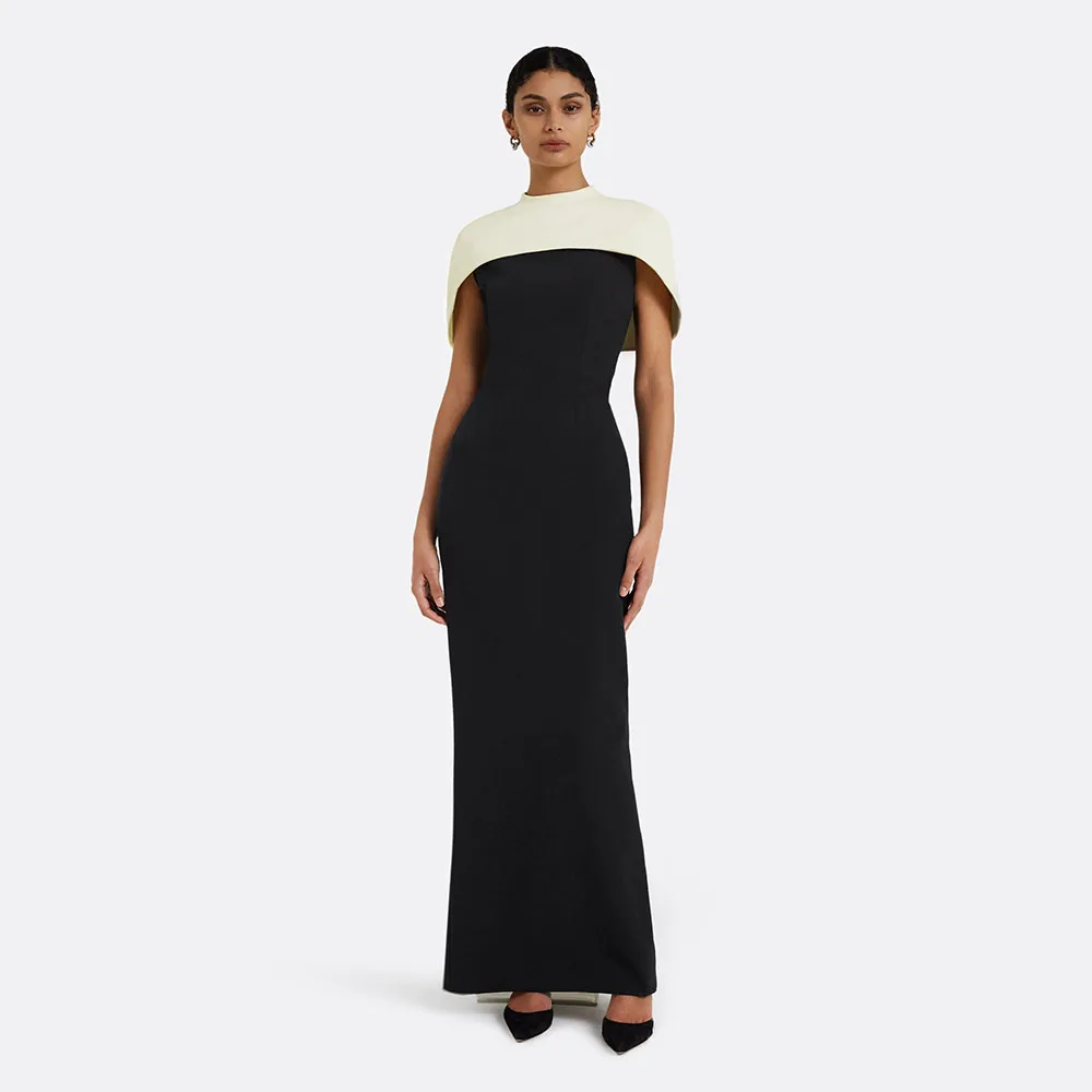 

Customized Evening Dress Beige Cape O Neck Floor Length Column Evening Gowns for Women Draped Back Split Black Formal Party Gown