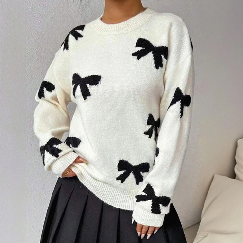 

Женский повседневный базовый свитер с длинным рукавом и круглым вырезом, осень-зима, винтажный свитер с бантом и принтом