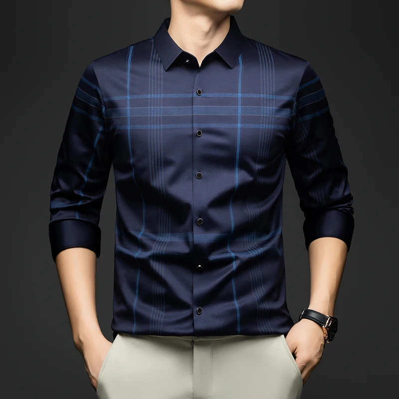 

Мужская официальная рубашка BROWON, осень 2023, новая мужская рубашка с длинным рукавом, модные деловые рубашки в полоску из шелкового шелка для мужской одежды