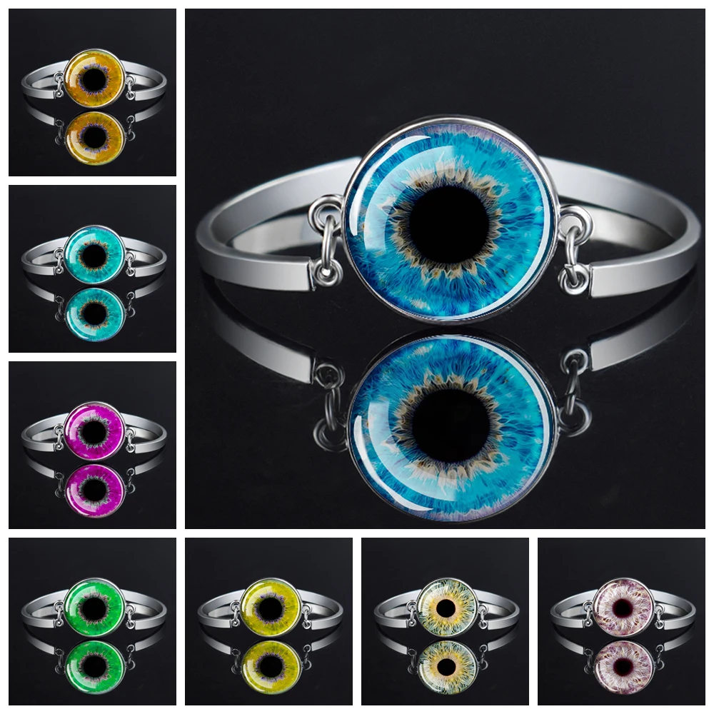 Evil Eye Bracelets Colorful Pupil Devil's Eye Glass Cabochon Silver Bangles for Women Adjustable Size Charm Bracelet Men Jewelry