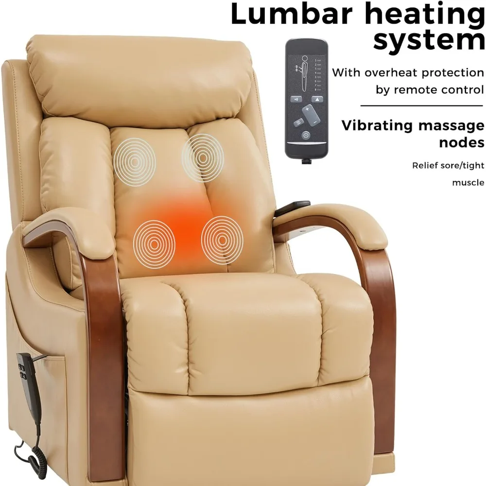 9185 Petite Lift Chair Recliner for Elderly with Heat and Massage Dual Motor Power Sofa with Wooden Armrests and 2 Side Pockets