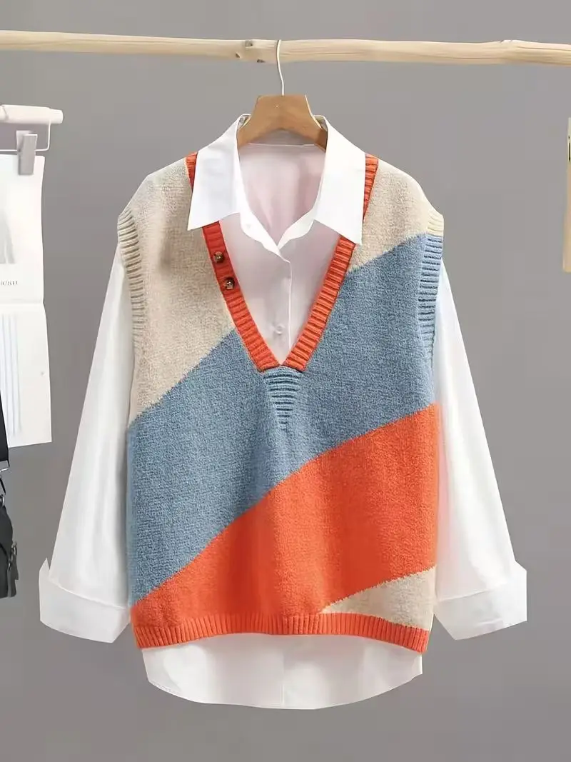 

Color-blocked, asymmetrical, loose-fit knit pullover, women's casual style for spring, summer, and fall
