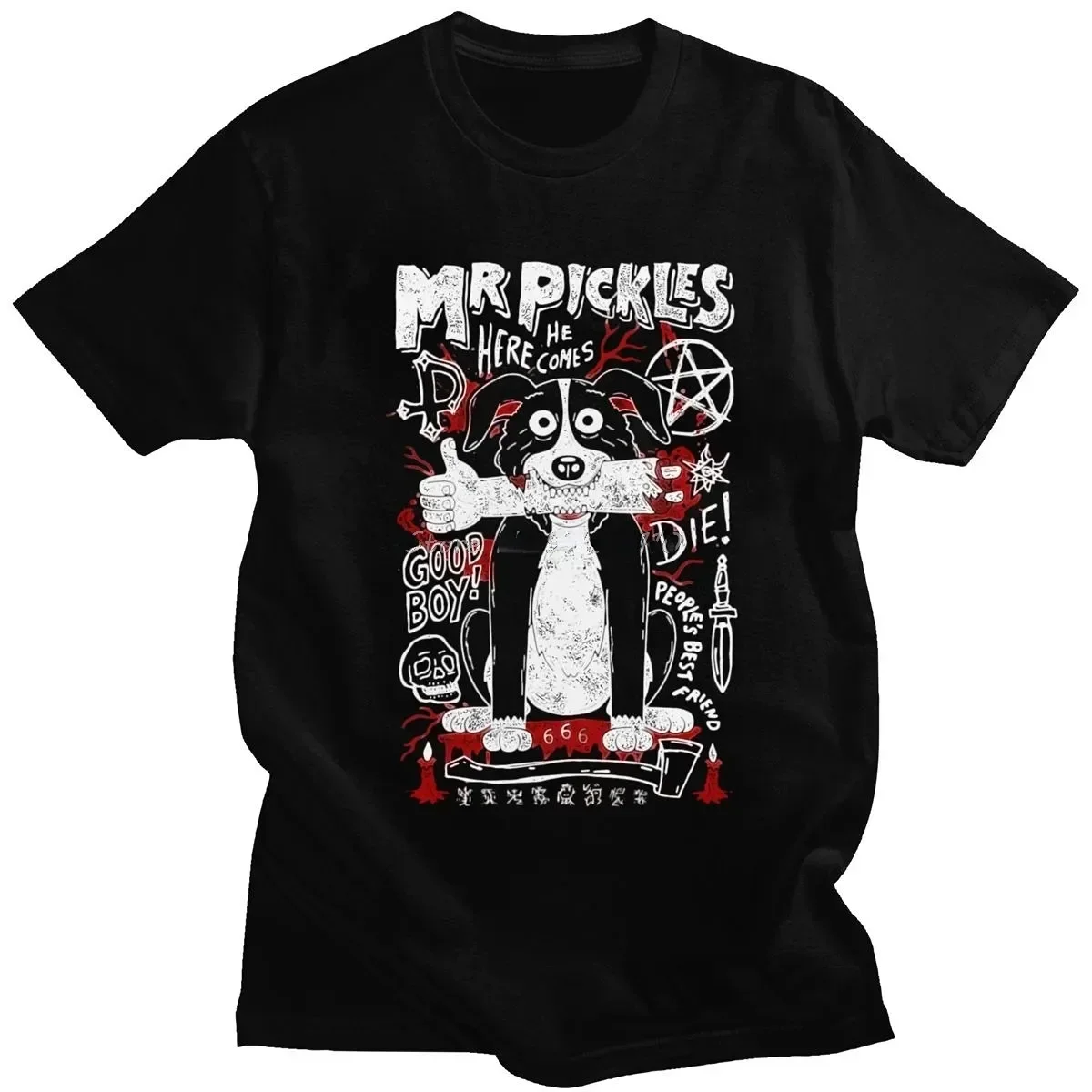 Cartoon Mr Pickles T Shirt Men Soft Collie Dog T-shirt O-neck Short Sleeved Funny Tv Adult Adultswim Mature Evil Satan