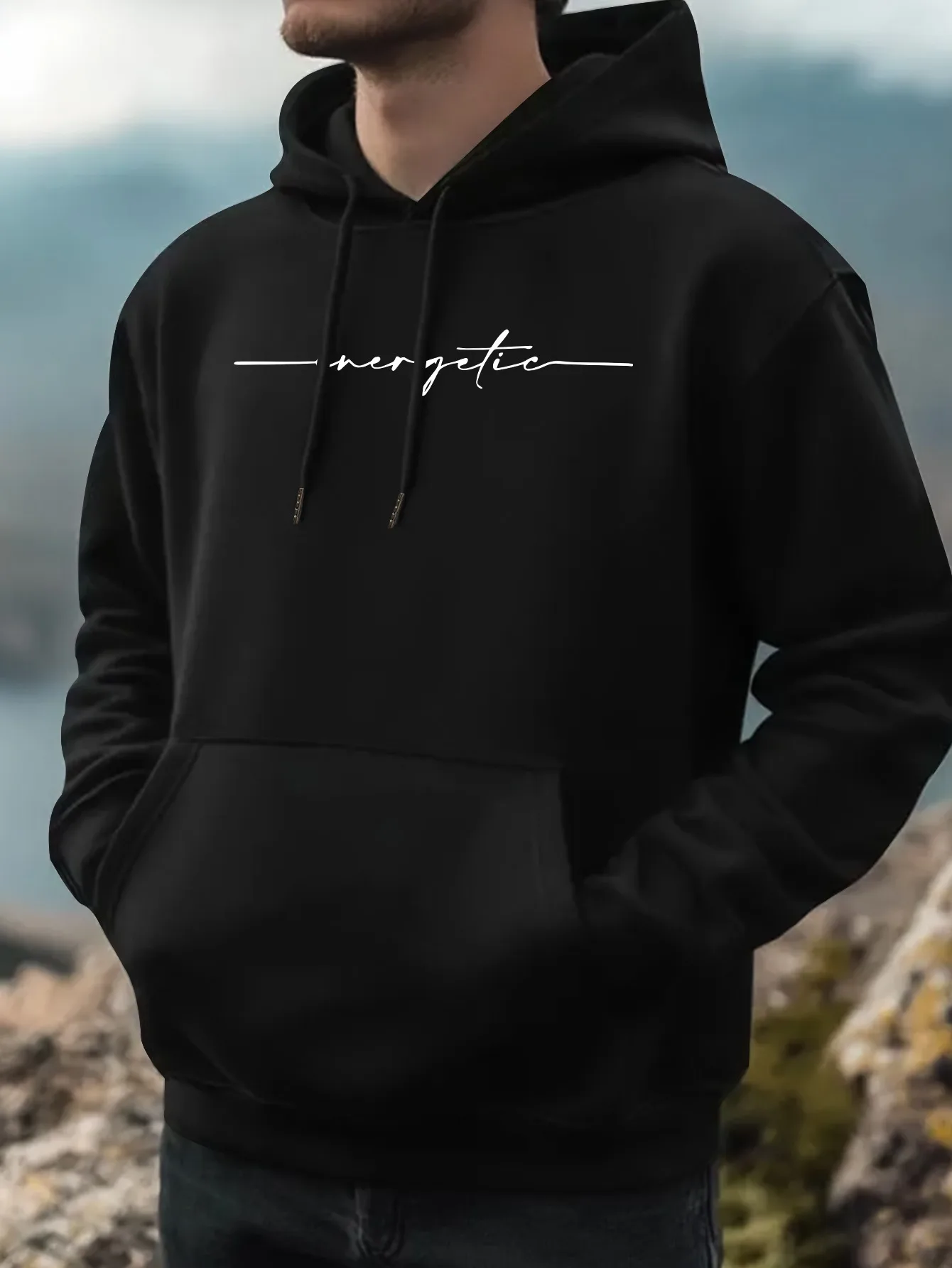 Men's winter and autumn hooded sweatshirt with simple handwritten font print on the front pullover shirt - everyday casual top