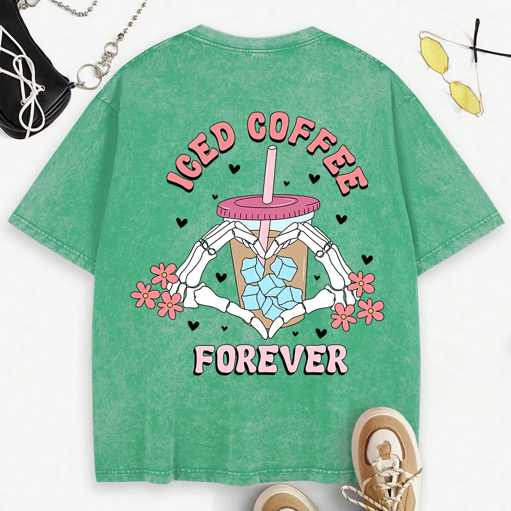 

Iced Coffee Forever Love Skull Hand Printing Washed T Shirts Women All-Match Cotton T-Shirt Sport Summer Clothing Loose Top
