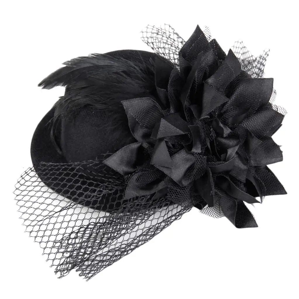 กิ๊บติดผมประดับดอกไม้สําหรับสุภาพสตรี Feather Burlesque Punk Mini Top Hat-สีดํา