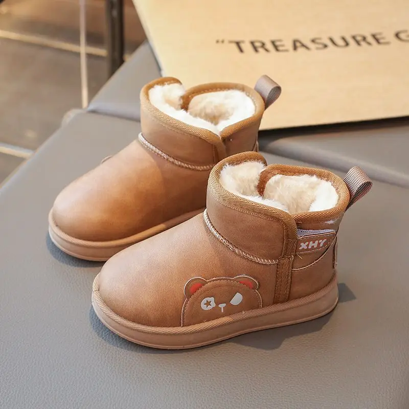 Cartoon Bear Boys Girls Snow Boots Solid PU Warm Plush Thick Short Boots For Children Winter Hook Loop Kids Ankle Shoes